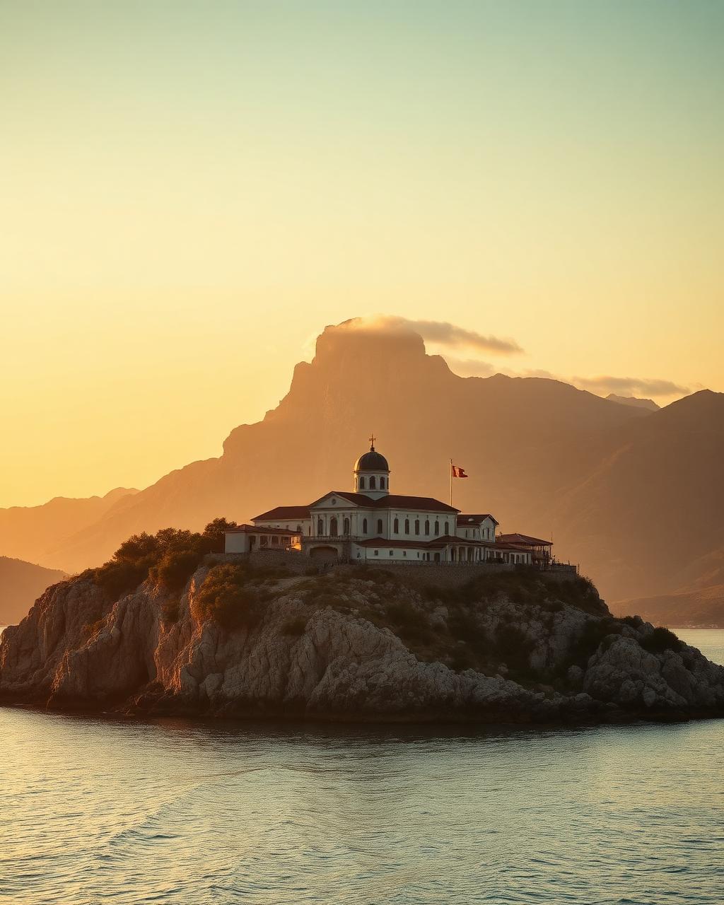 Mănăstire ortodoxă athonită pe stâncă deasupra Mării Egee, cu vârful Muntelui Athos în zare